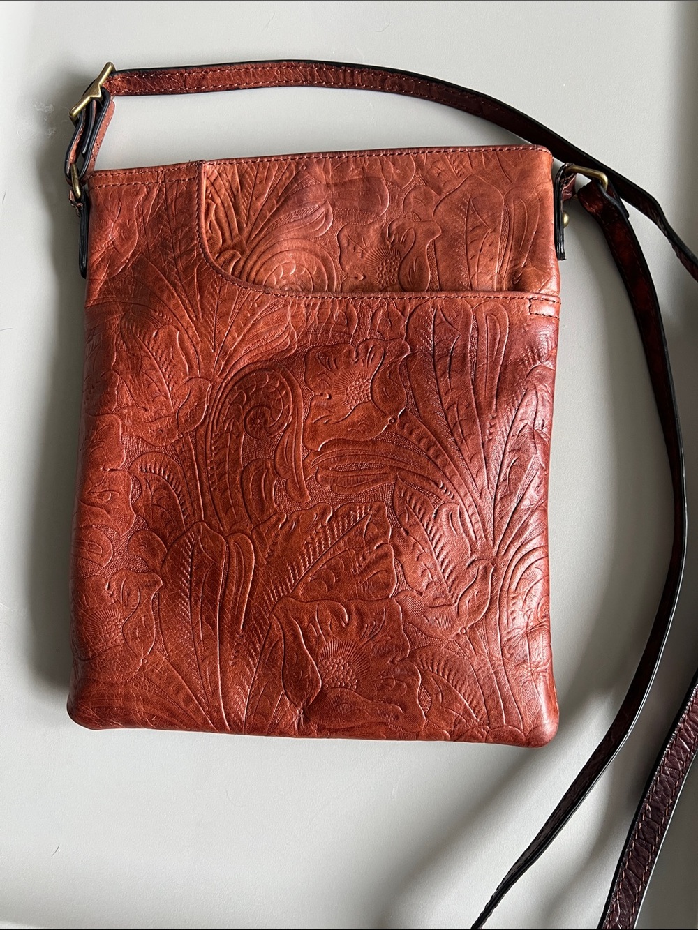 margot Embossed Leather Crossbody Messenger Bag - cognac
